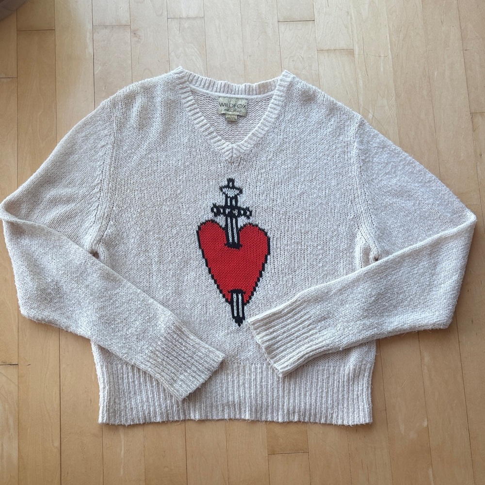 Wildfox Cream V-Neck Sweater with Red Heart Design